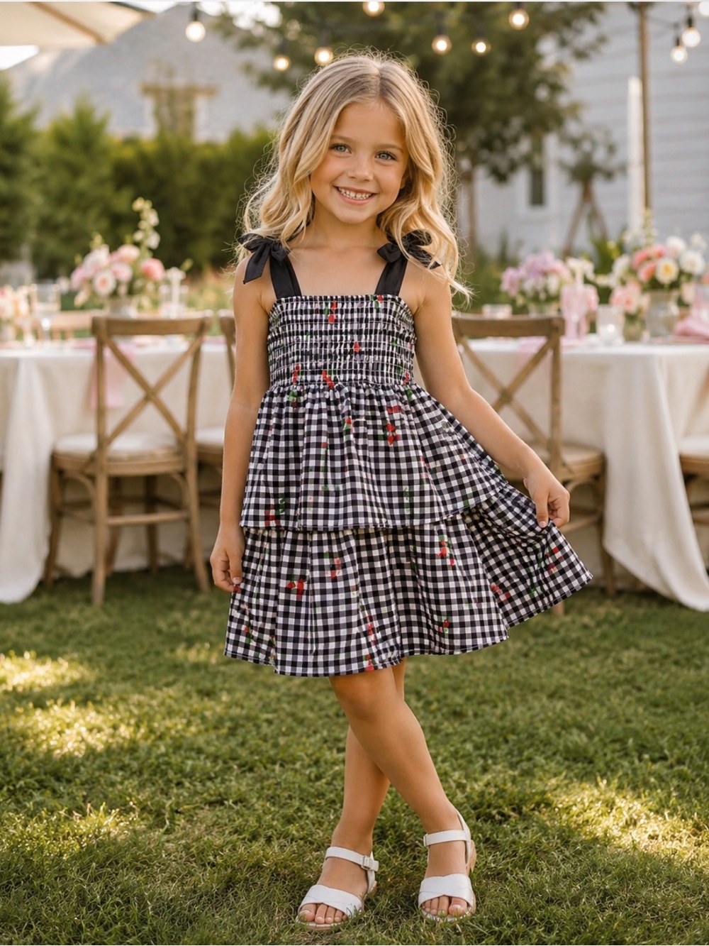 NWT Rare Editions Girls Gingham & Cherry Print Smocked Sundress Summer Classic